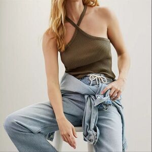 ANTHROPOLOGIE T.La MOSS GREEN SLEEVELESS RIBBED HALTER TANK
